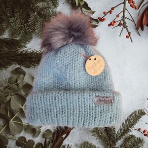 Handmade Knit Light Blue Fuzzy Newborn Beanie with Pom Pom